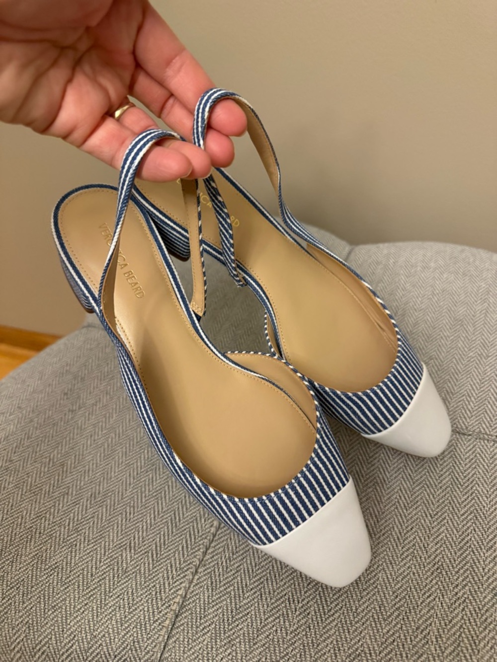 NEW Veronica Beard Blue Stripe and White Cap-Toe Slingback Mules - Picture 5 of 8